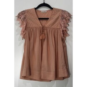 Ulla Johnson Elara Coral Flutter Short Sleeved Embroidered Peasant Top Size 4